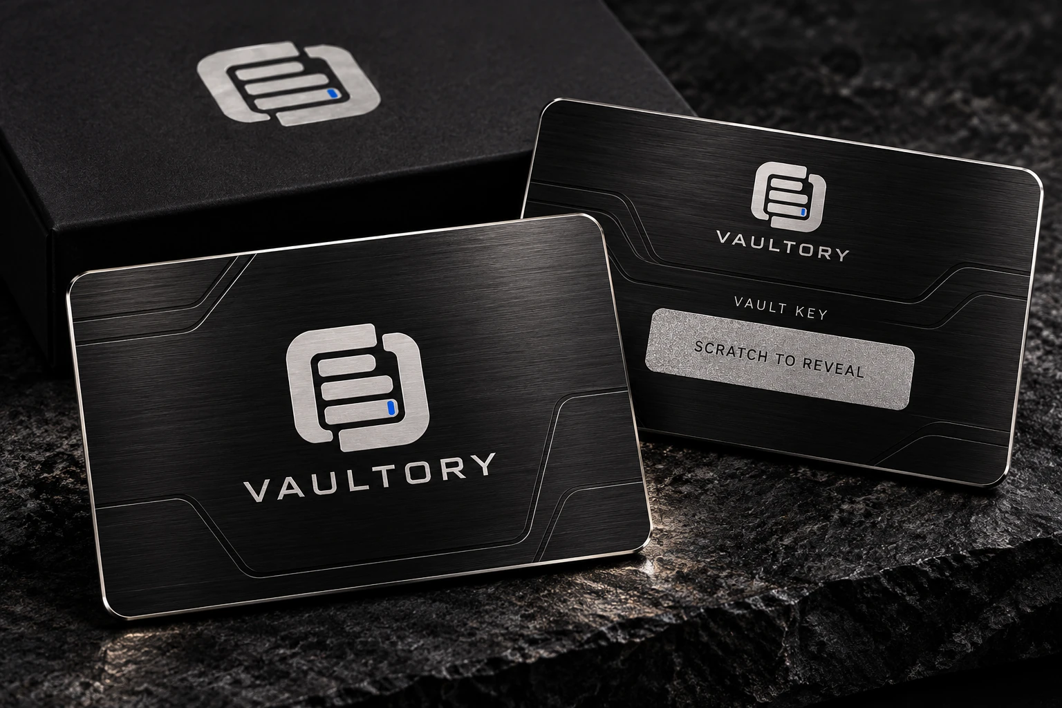 Vaultory black metal card design with presentation box